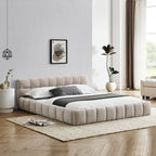 Queen Size Low Profile Platform Bed | Square Tufted Chenille Upholstered | Headboard & Footboard | 500 lbs | No Box Spring Needed | Beige/Dark Gray/Pink/Blue-Green