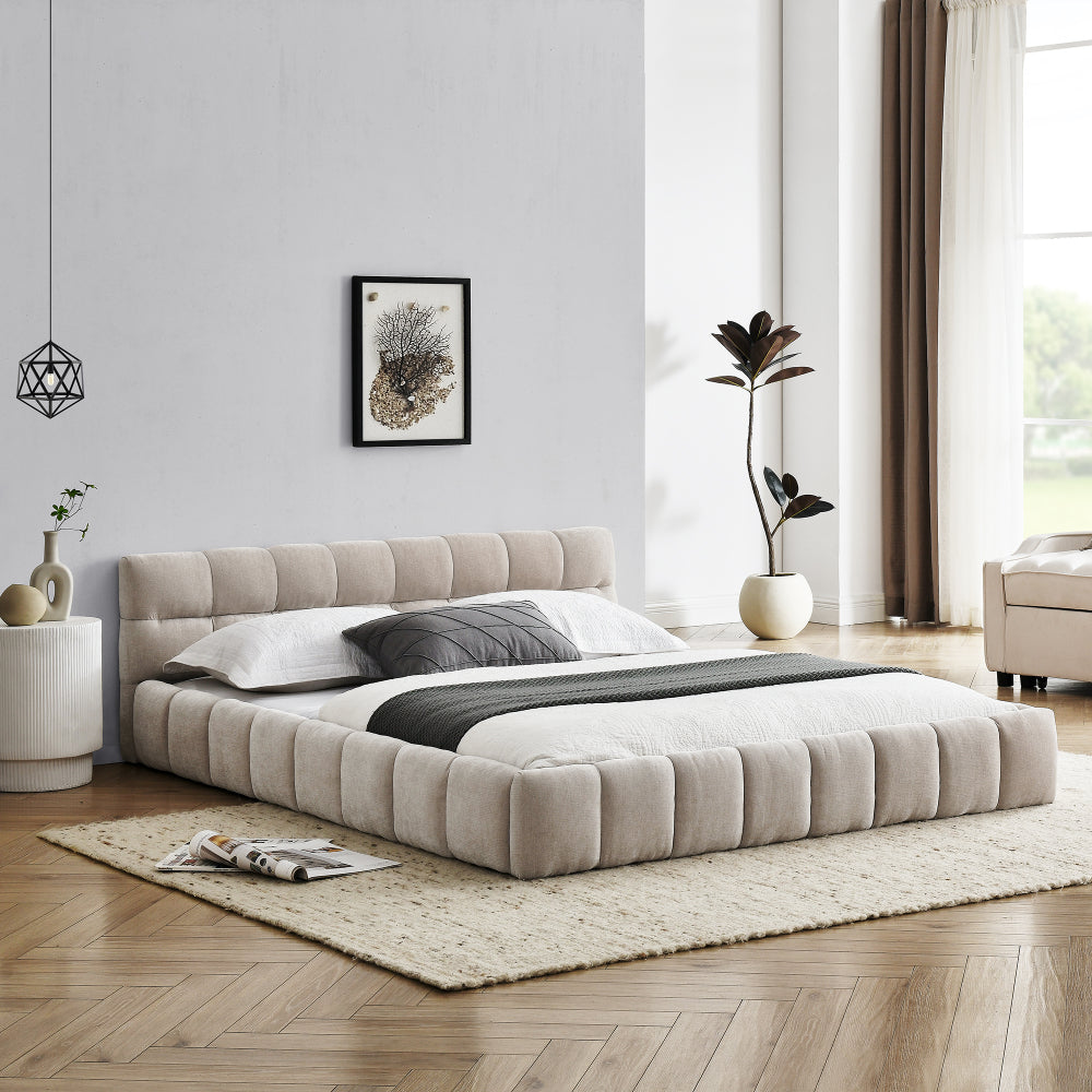 Queen Size Low Profile Platform Bed | Square Tufted Chenille Upholstered | Headboard & Footboard | 500 lbs | No Box Spring Needed | Beige/Dark Gray/Pink/Blue-Green