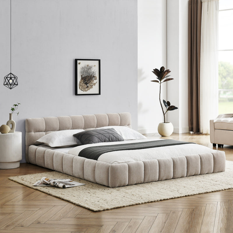 Queen Size Low Profile Platform Bed | Square Tufted Chenille Upholstered | Headboard & Footboard | 500 lbs | No Box Spring Needed | Beige/Dark Gray/Pink/Blue-Green