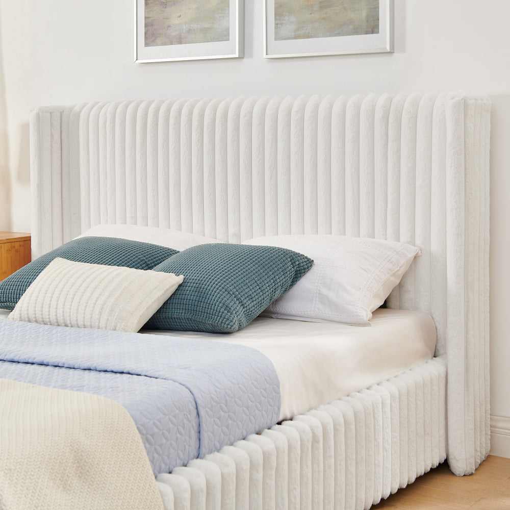 Queen/King Size Gas Lift Storage Bed | Vertical Striped Rabbit Fur Upholstered | Hydraulic Under-Bed Storage | 500 lbs | Eucalyptus Wood Frame | Silent Mechanism | Easy Assembly | Beige