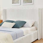 Queen/King Size Gas Lift Storage Bed | Vertical Striped Rabbit Fur Upholstered | Hydraulic Under-Bed Storage | 500 lbs | Eucalyptus Wood Frame | Silent Mechanism | Easy Assembly | Beige