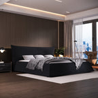 Queen/King Size Velvet Upholstered Platform Bed | Oversized Trapezoid Headboard | 1000 lbs | Pine Wood & Iron Frame | 24 Slats | No Box Spring | White/Black