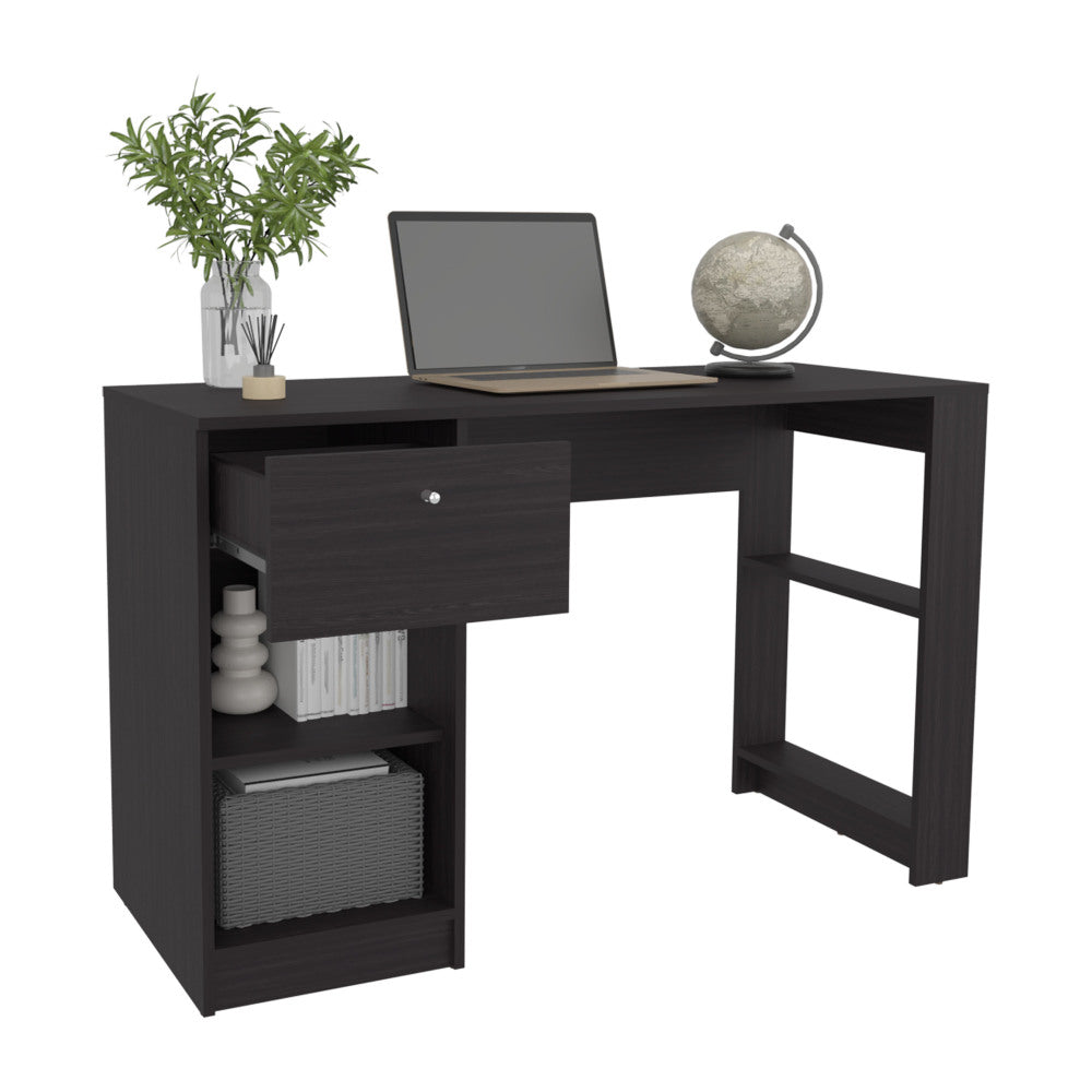 47" Modern Writing Desk with 1 Drawer + 4 Side Shelves | Generous Leg Clearance | Clean Minimalist Design | Sturdy Particle Board | Home Office, Living Room, Gaming Room | White/Black
