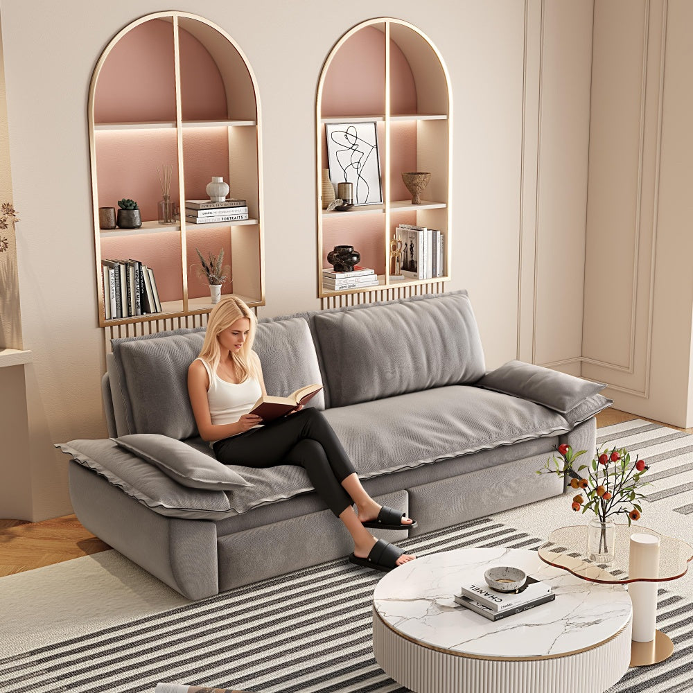 73.2" Queen Pull-Out Sofa Bed | 3-in-1 Convertible Sleeper Sofa | Chaise Lounge & King Bed | Premium Velvet + High-Density Foam | Steel Reinforced Frame | Space-Saving Modern Design | Beige/Gray/Camel/Blue