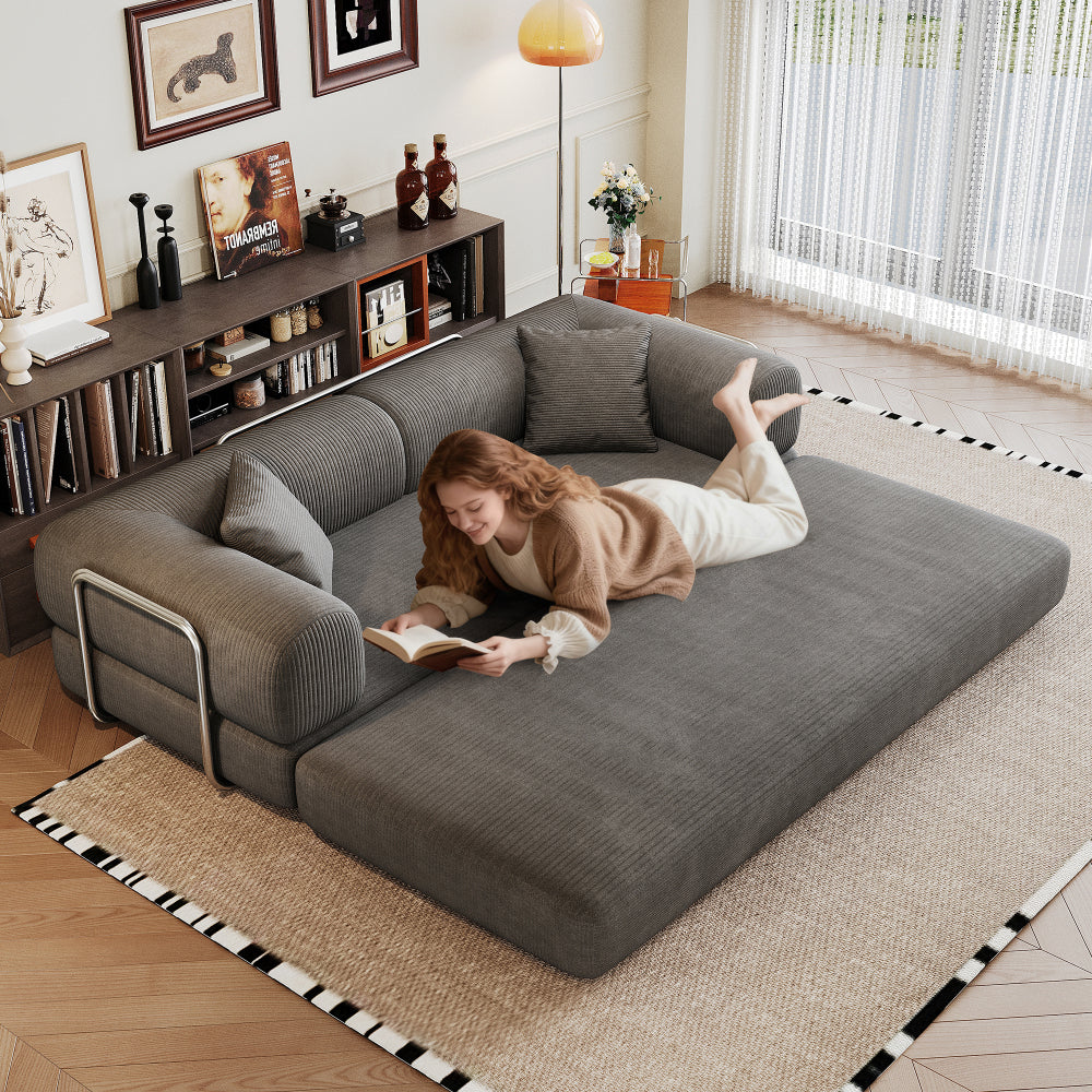 78.8" Convertible Floor Sofa Bed | Boneless Modular Sectional Couch | Pillow Back Support Armrests | Corduroy Fabric + Foam Fill | Hardware-Secured Backrest | No Assembly Required | Living Room, Bedroom, Apartment | Gray/Black/Camel/Green/Brown/Blue