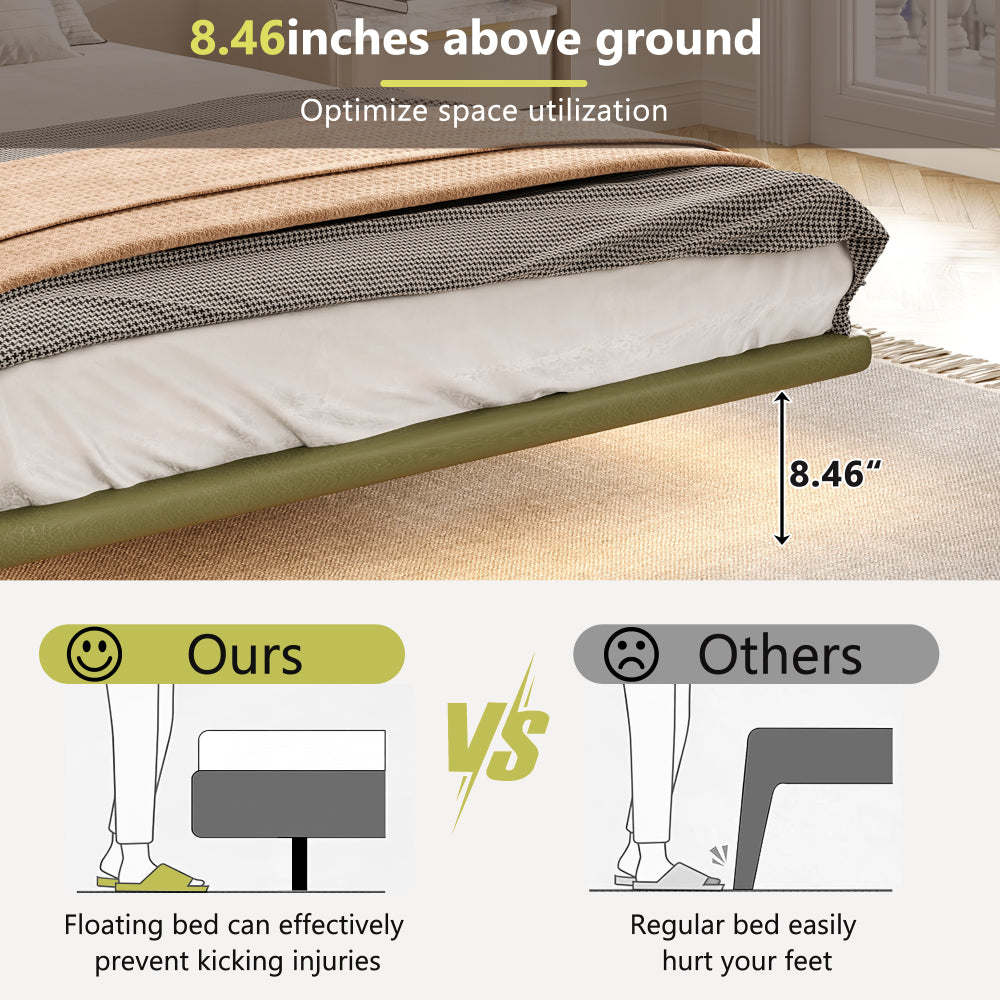 Full Size Floating PU Leather Platform Bed | Remote-Controlled LED Underglow 8 Dynamic Effects | Hidden Foot Design | Strong Wood Beam & Metal Legs | No Box Spring Needed | Easy Assembly | Green / Coffee