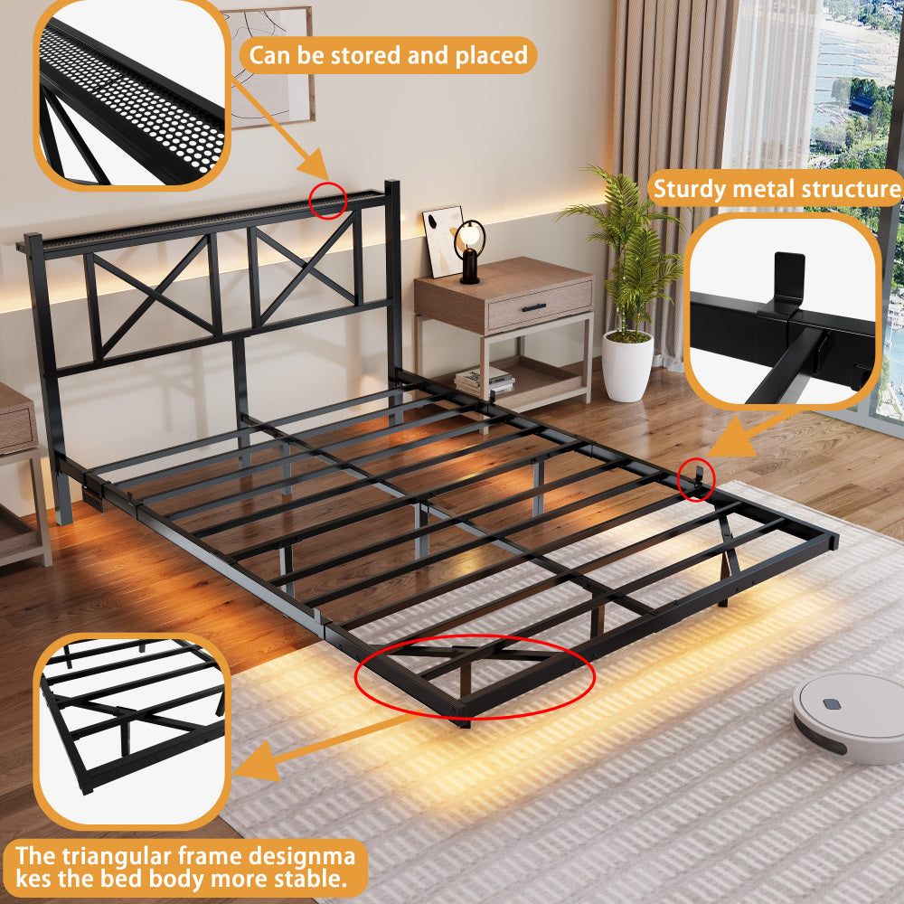 Full/Queen Size Floating Metal Platform Bed | Storage Headboard 2 AC + 2 USB Charging | RGB LED 2000+ Colors App & Music Sync | 4 Power Sockets | 450 lbs Heavy Duty Steel Slats | No Box Spring | Black