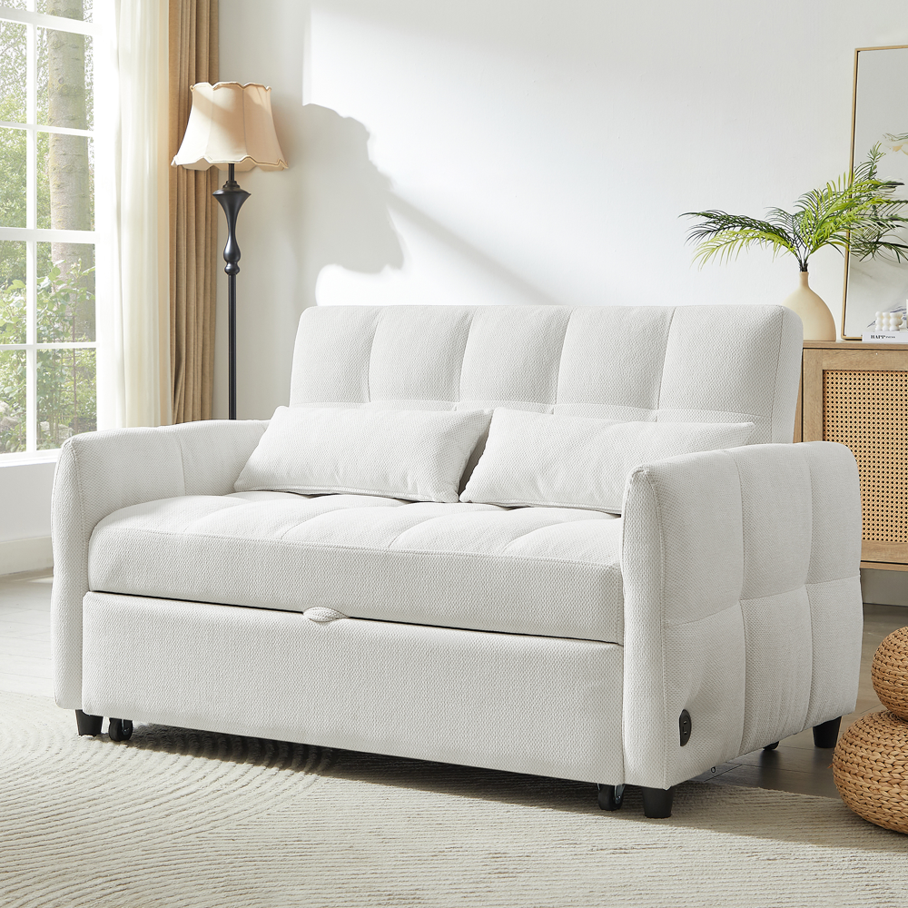52.8" Loveseat Pull-Out Sleeper Sofa Bed | 2-Seat Tufted Chenille Couch | Adjustable Backrest 90°/135°/180° | 3 Built-In USB Ports | High-Density Foam | 2 Lumbar Pillows | Sturdy Multi-Wood Frame | Beige/Gray/Blue/Green