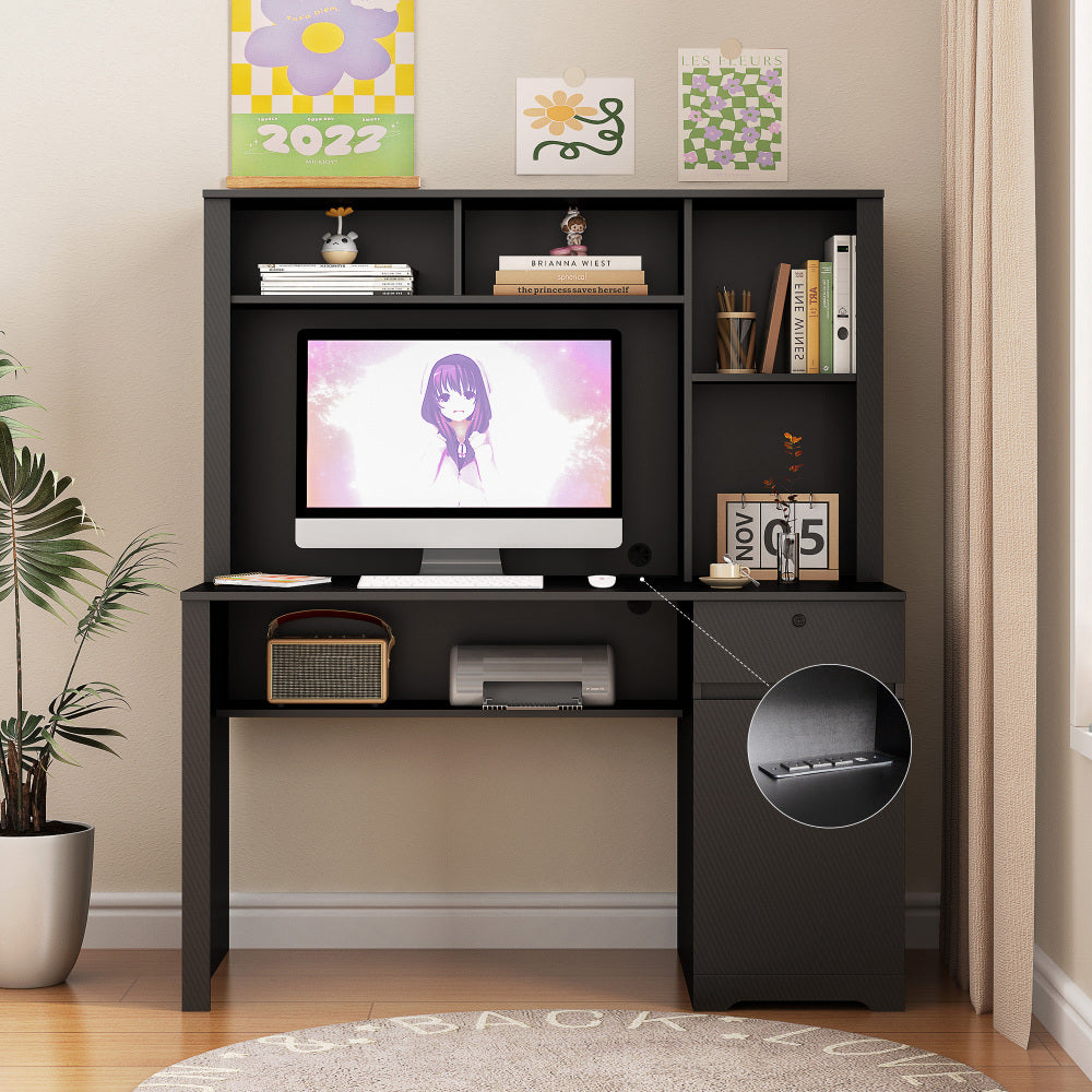Computer Desk with Hutch & Bookshelf — 51" Wood Executive Desk with Drawers | 3 AC Outlets & 2 USB Charging Ports | Lockable Drawer | Monitor Stand & Storage Shelves | Home Office, Student, Teen Study Desk | White/Black