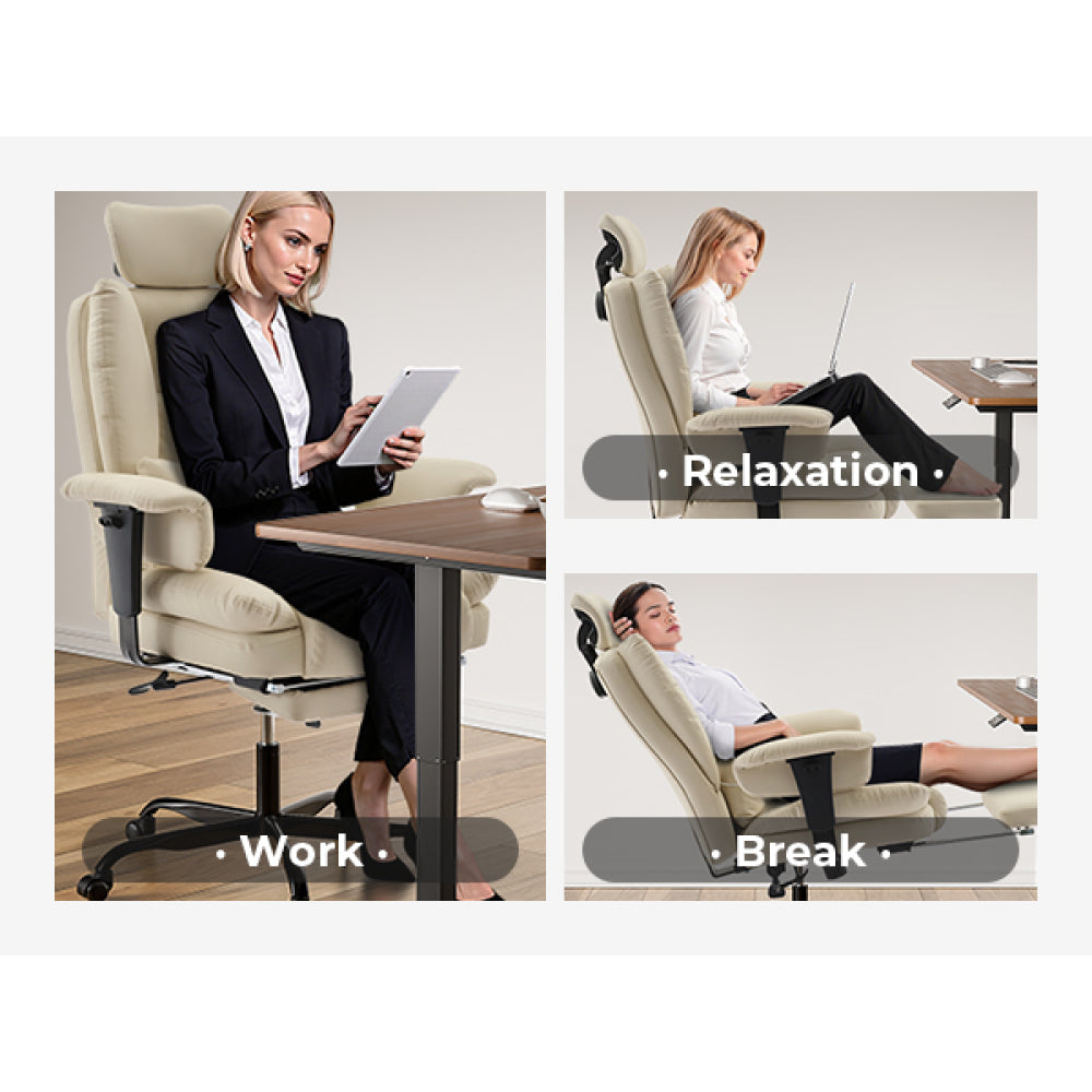 Ergonomic High-Back PU Leather Office Chair | 440 lbs Capacity | Liftable Headrest + Retractable Footrest | Double-Layer Spring Sponge + Memory Foam | Height-Adjustable Armrests | Lumbar Support | Computer, Executive Chair | Beige/Black