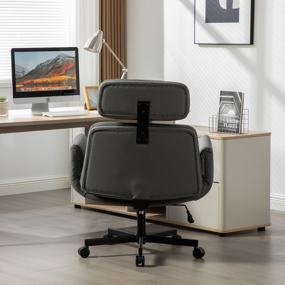 Criss Cross Wide-Seat Lounge Office Chair | 6-Gear Adjustable Armrests | Removable Headrest | Gentle Rocking + 360° Swivel | Pet-Friendly PU/Boucle Upholstery | Cross-Legged Sitting | Home Office, Gaming, Makeup, Conference | Gray/Ivory/Brown