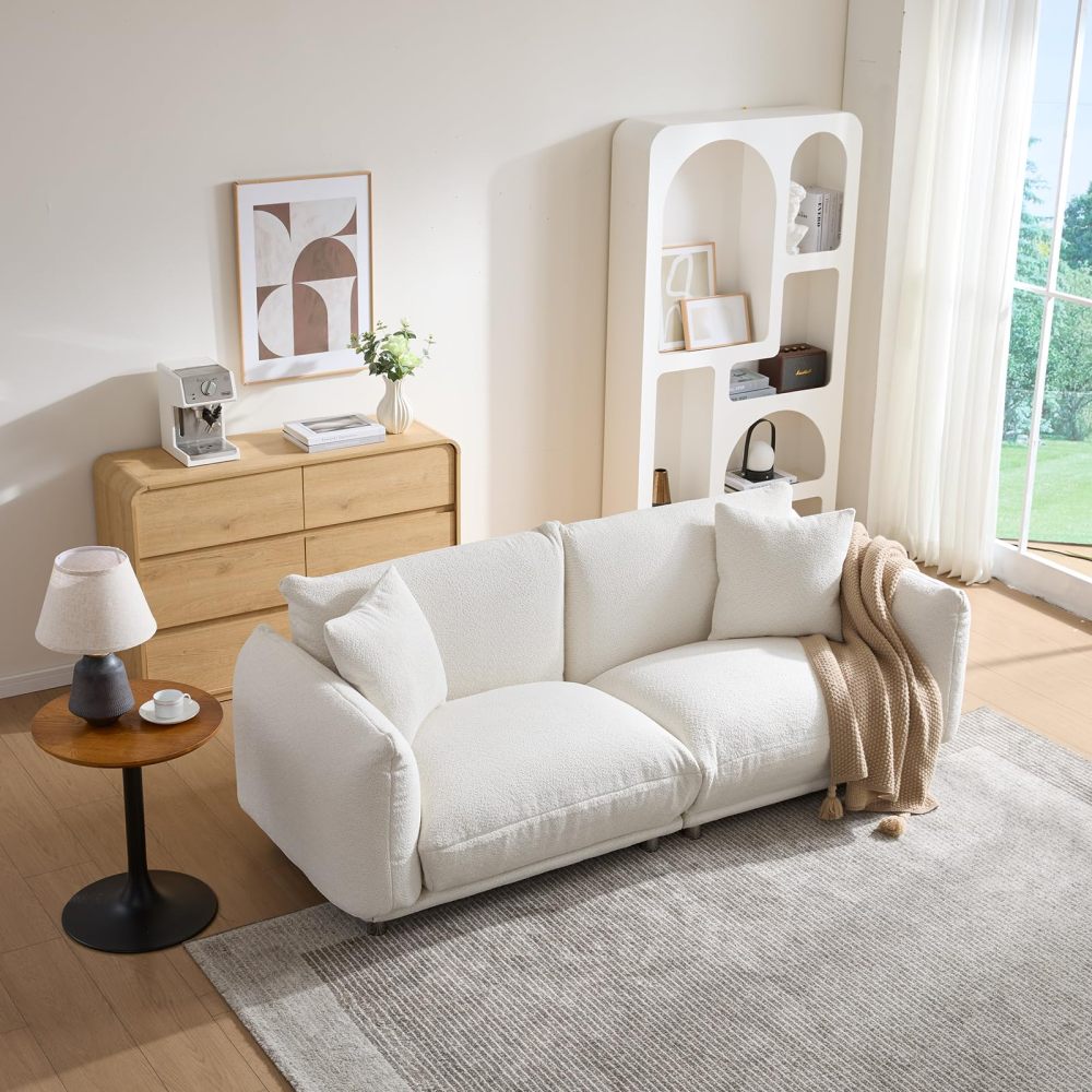 87.4" Sherpa Cloud 3-Seater Loveseat Sofa | Precision-Tailored Stitching | High-Density Foam Fill | Solid Hardwood Frame with Reinforced Joints | Stain-Resistant Velvet | 2 Pillows Included | White / Beige