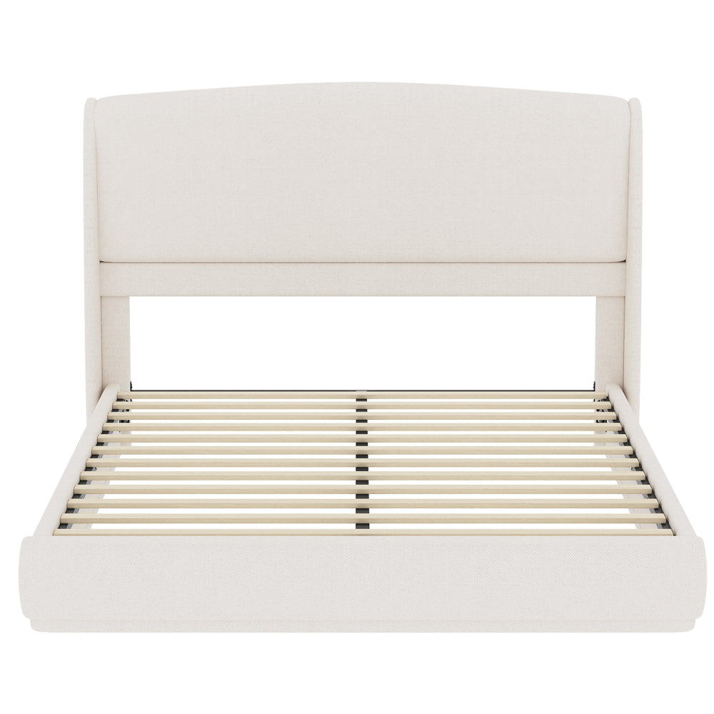 Queen Size Linen Upholstered Platform Bed | Curved Wingback Headboard | Fully Upholstered Frame | Solid Wood & Reinforced Slats | No Box Spring Needed | Easy Assembly | Beige / Brown
