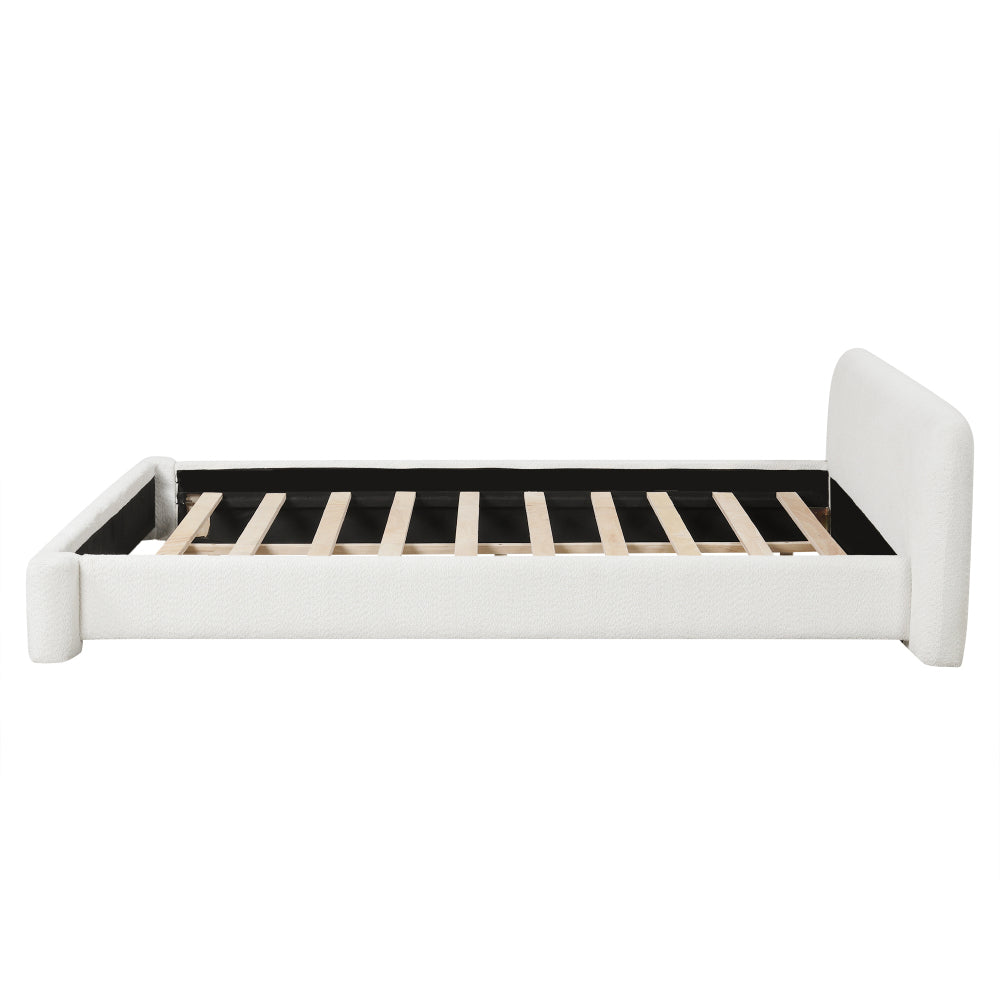 White Boucle Upholstered Low Profile Platform Bed | Birch & Engineered Hardwood Frame | 400-600 lbs | No Box Spring Needed | Full / Queen / King