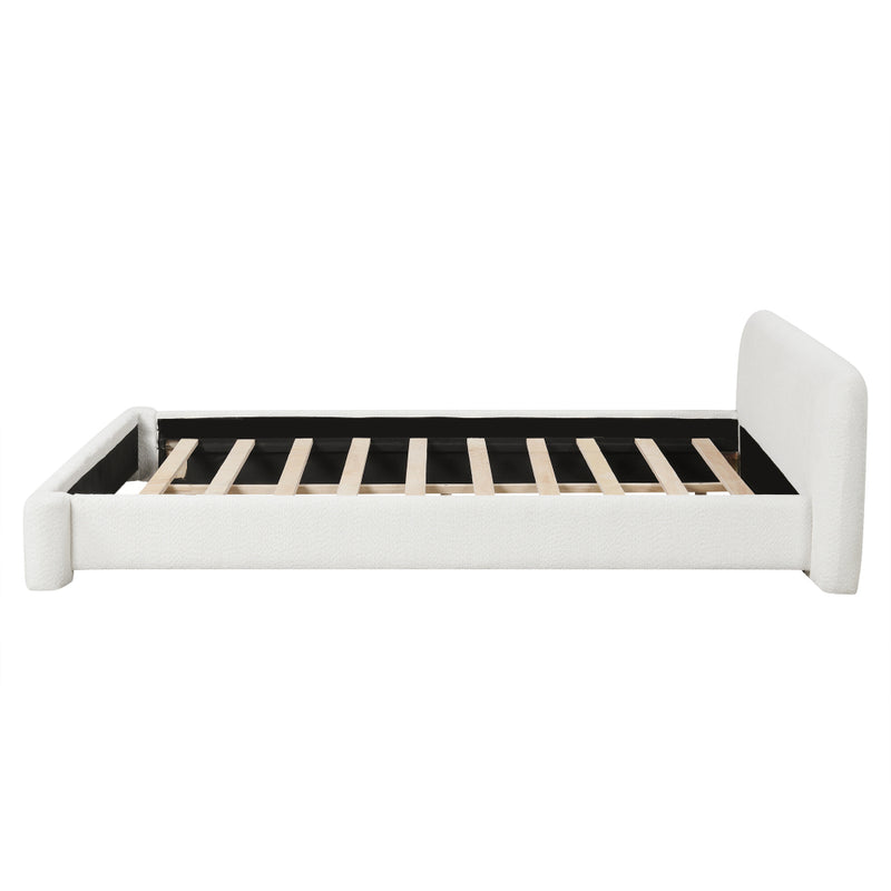 White Boucle Upholstered Low Profile Platform Bed | Birch & Engineered Hardwood Frame | 400-600 lbs | No Box Spring Needed | Full / Queen / King