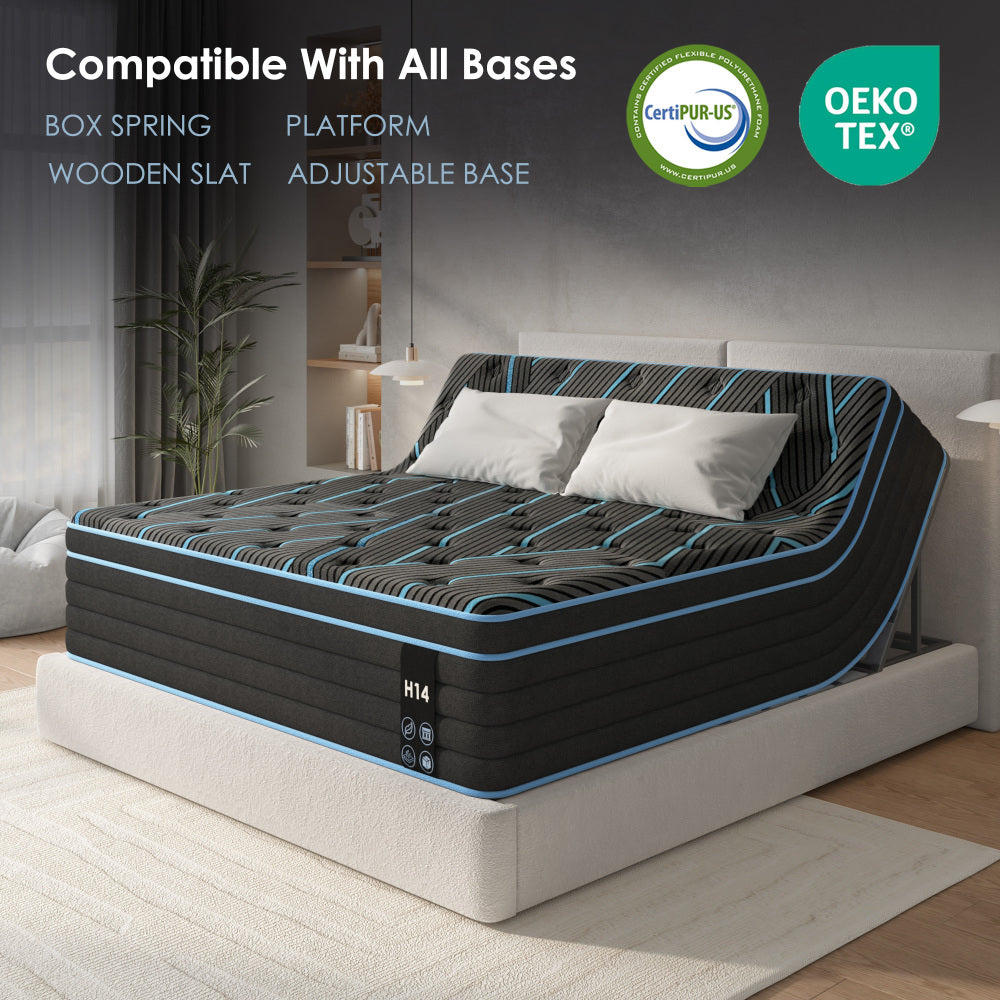 Queen/King — 10" Hybrid Medium Firm Mattress | Individually Pocketed Innerspring + Memory Foam | Breathable Knitted Cover | Enhanced Airflow | CertiPUR-US Certified | Bedroom | Black/Blue