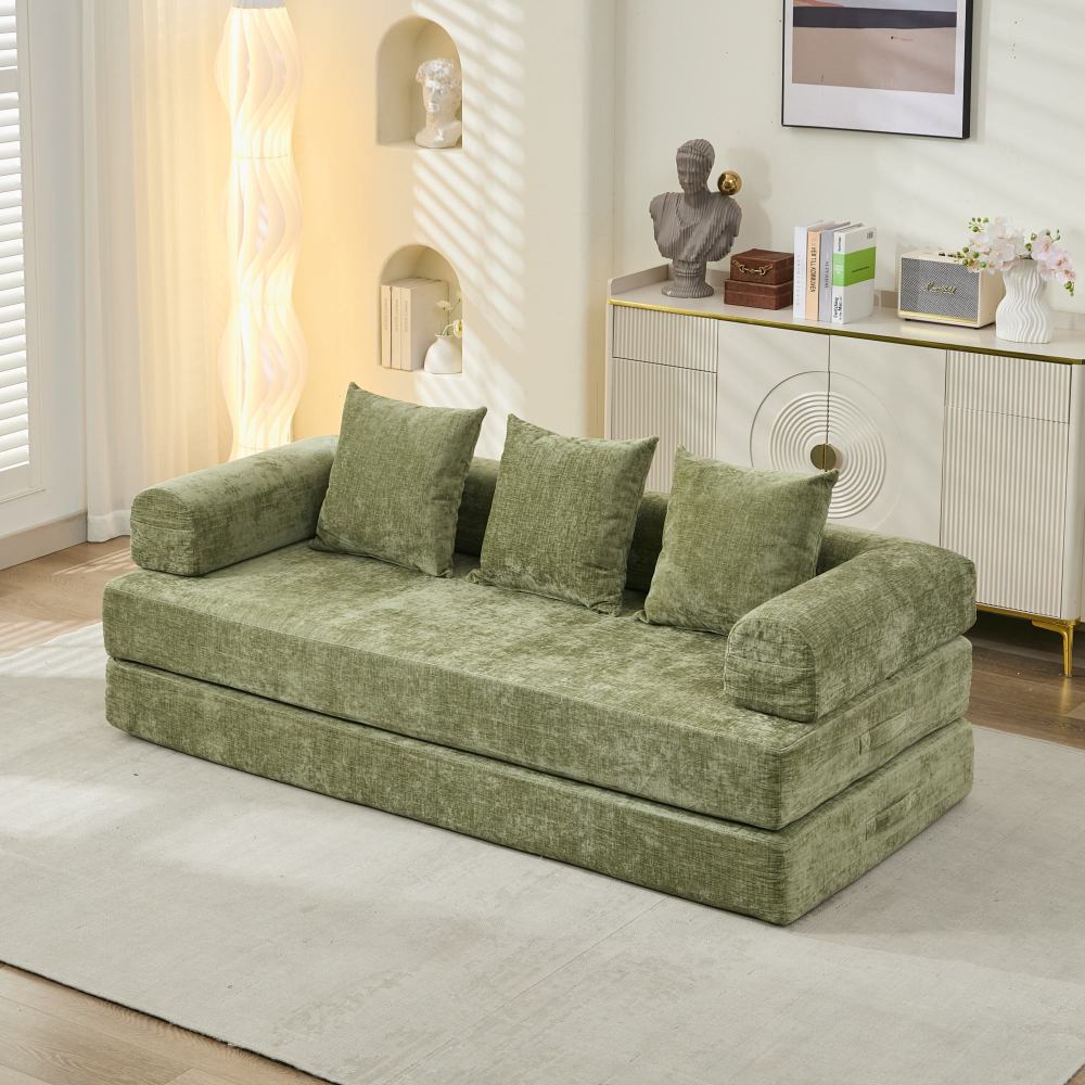 78.8" Convertible Folding Floor Sofa Bed | Chenille Couch with Foldable Armrests | Sponge + Spring Support | 3-Tiered Space-Saving Design | Free Pillows Included | Anti-Slip Base | No Assembly | Living Room, Bedroom, Studio | Green/Beige/Blue/Gray/Or