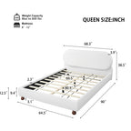 Queen/King Size Cream Boucle Upholstered Platform Bed | Smooth Curved Design | Gourd-Shaped Rubberwood Legs | 800 lbs Heavy Duty | No Box Spring Needed | 30-40 Min Assembly | White/Cream