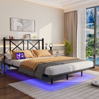Full/Queen Size Floating Metal Platform Bed | Storage Headboard 2 AC + 2 USB Charging | RGB LED 2000+ Colors App & Music Sync | 4 Power Sockets | 450 lbs Heavy Duty Steel Slats | No Box Spring | Black