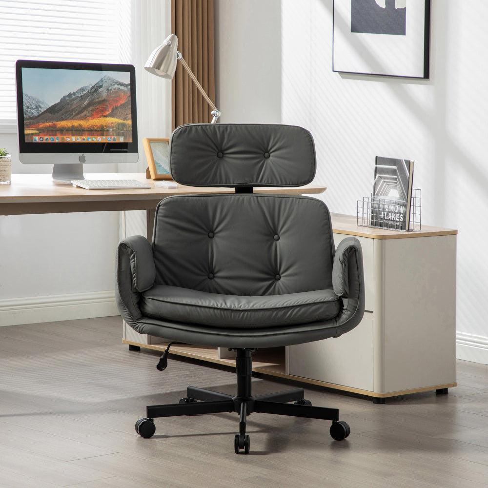 Criss Cross Wide-Seat Lounge Office Chair | 6-Gear Adjustable Armrests | Removable Headrest | Gentle Rocking + 360° Swivel | Pet-Friendly PU/Boucle Upholstery | Cross-Legged Sitting | Home Office, Gaming, Makeup, Conference | Gray/Ivory/Brown