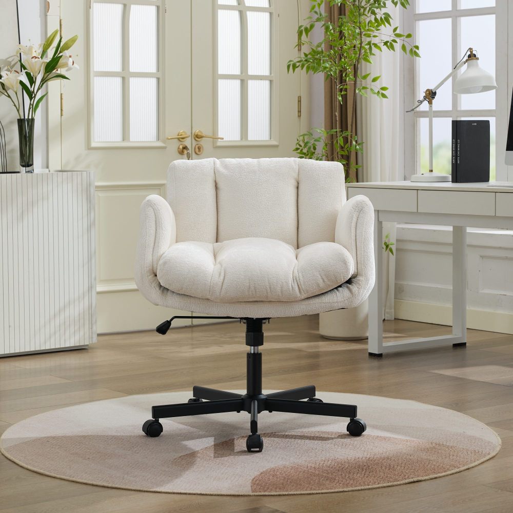 Modern Chenille Swivel Office Chair | Height Adjustable Task Chair | Double-Layer Cushioned Seat & Back | Convertible Multi-Position Flip-Up Armrests | Heavy-Duty 5-Star Base | Home Office, Study, Vanity, Living Room | Beige/Pink