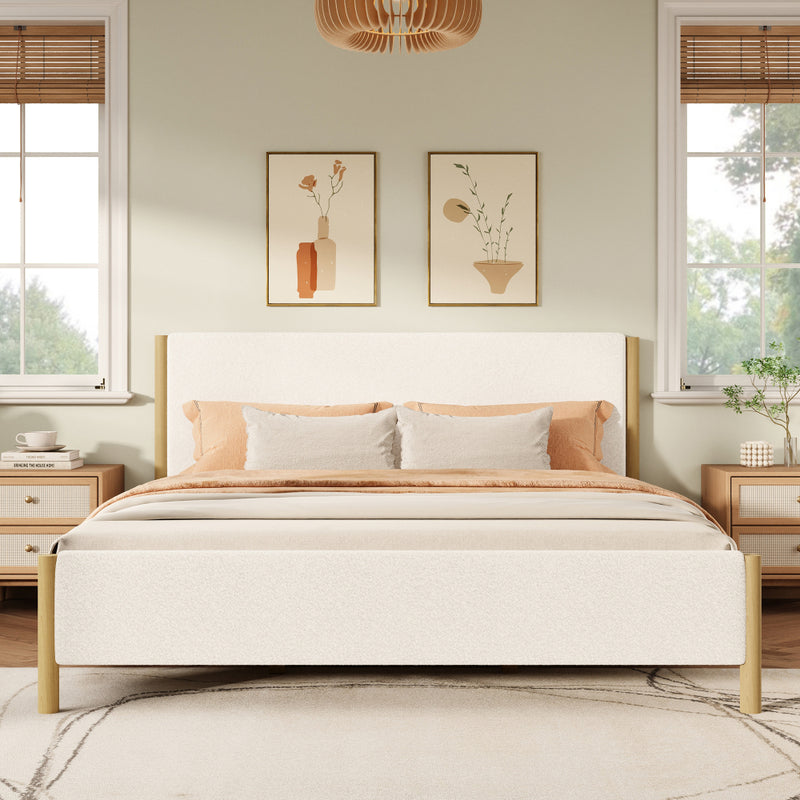 Queen/King Size White Boucle Upholstered Platform Bed | Natural Rubberwood Legs | Sustainable Engineered Wood Frame | No Box Spring Needed | Scandinavian Modern Style | White