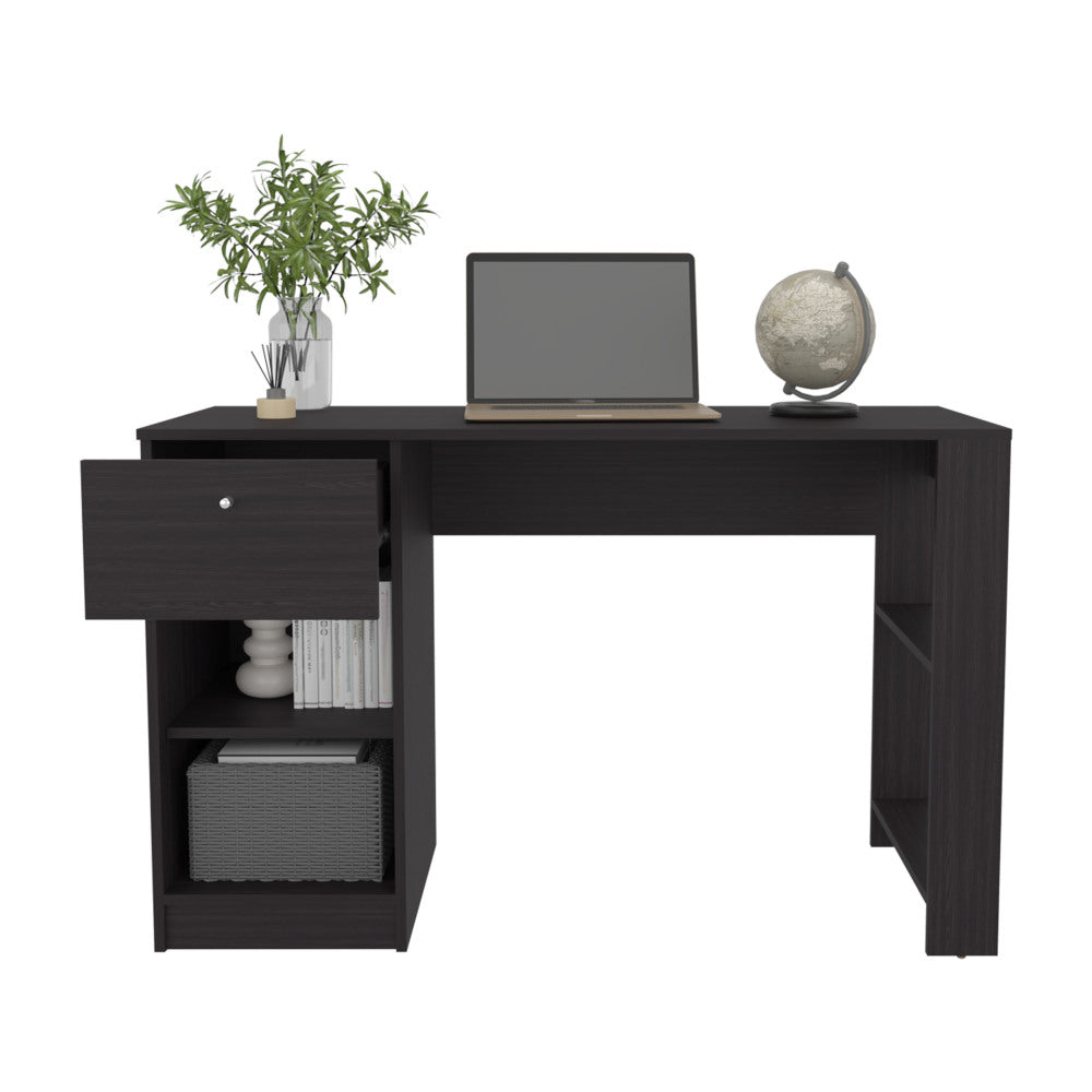 47" Modern Writing Desk with 1 Drawer + 4 Side Shelves | Generous Leg Clearance | Clean Minimalist Design | Sturdy Particle Board | Home Office, Living Room, Gaming Room | White/Black