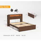 Full/Queen Size Wood Platform Bed with Bookshelf Storage Headboard | 2 Drawers | 2 AC Outlets 1 USB 1 Type-C Charging Station | 60,001 Color LED Lights APP Control | No Box Spring | Brown/Black/Walnut
