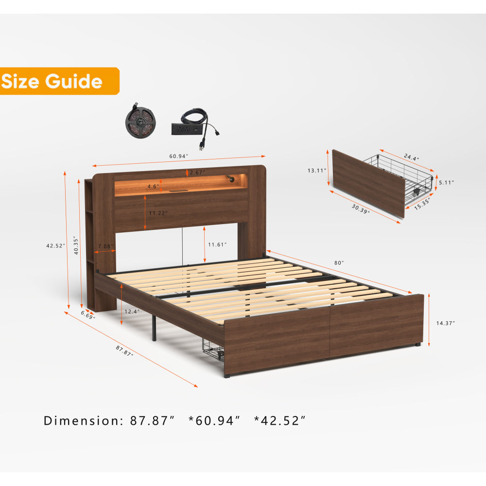 Full/Queen Size Wood Platform Bed with Bookshelf Storage Headboard | 2 Drawers | 2 AC Outlets 1 USB 1 Type-C Charging Station | 60,001 Color LED Lights APP Control | No Box Spring | Brown/Black/Walnut