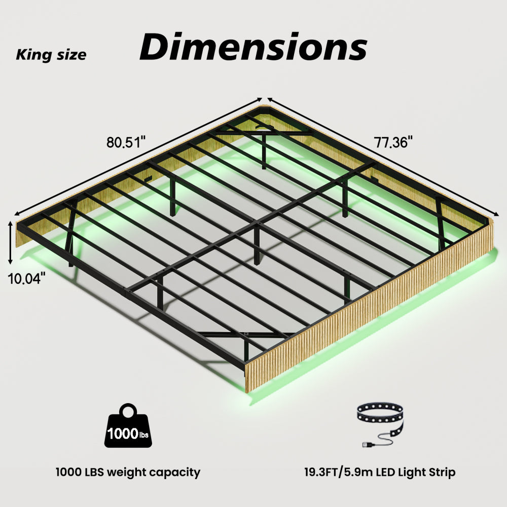 Oak King Floating Bed Frame with LED Lights, Wave Curve Wood Texture Bed with Heavy Duty Metal Slats - No Box Spring Needed.