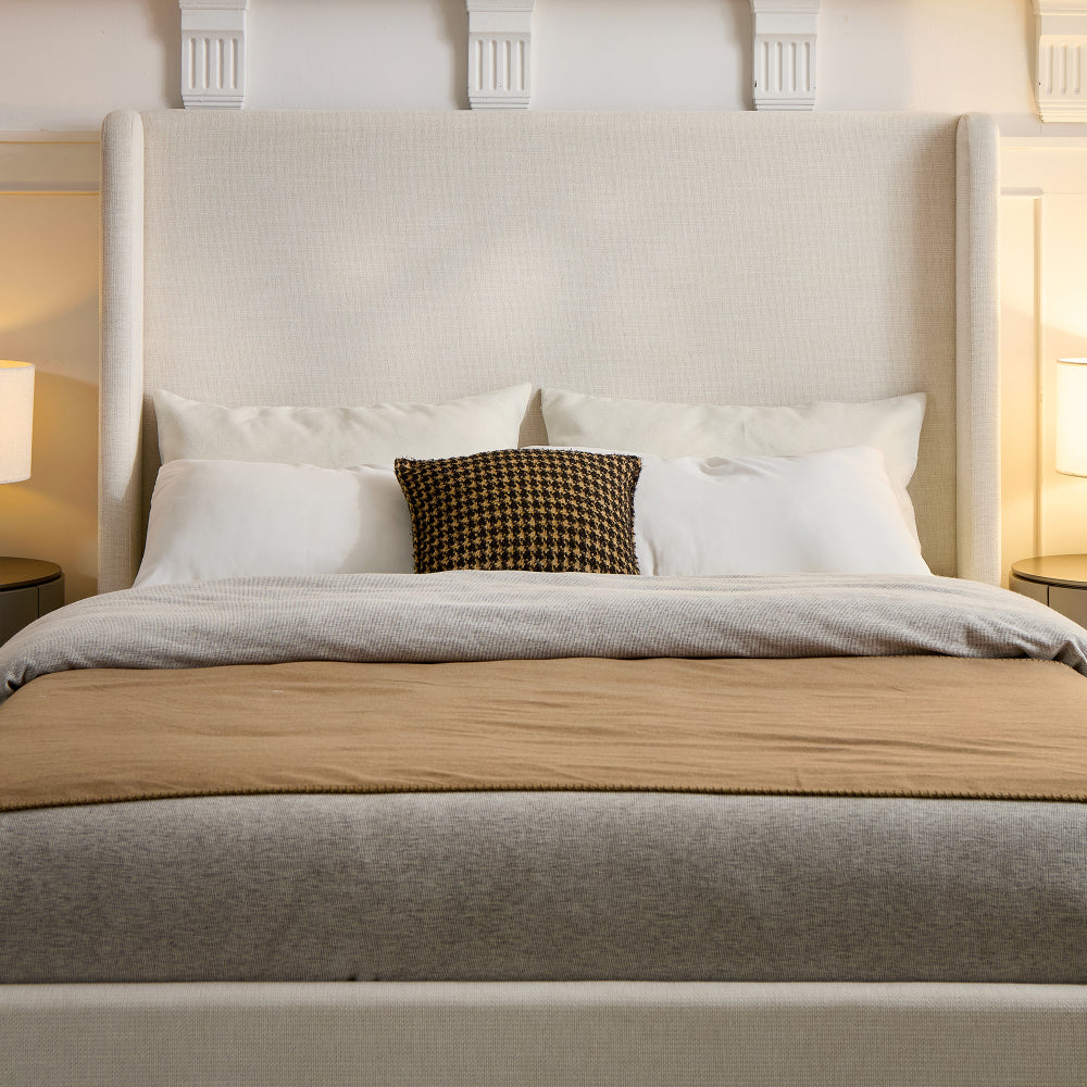 Full/Queen/King Size Upholstered Wingback Platform Bed | 51.5" Curved Headboard | Premium Canvas Fabric | 1000 lbs Heavy Duty | Eucalyptus & Metal Frame | No Box Spring | 30-Min Assembly | Ivory