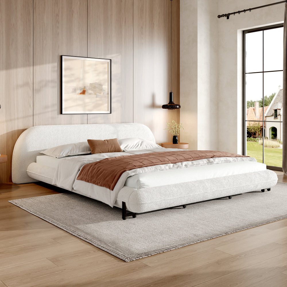 Queen/King Size Boucle Upholstered Platform Bed | Thick Curved Headboard | Solid Wood Center Legs & Dual Steel Outer Legs | 500 lbs | Embedded Structure | No Box Spring Needed | White