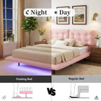 Queen Size PU Leather Floating Platform Bed | Button Tufted Segmented Headboard | Remote-Controlled LED Light Strip 6 Colors | 800 lbs | Hidden Leg Design | No Box Spring Needed | Pink / White / Khaki
