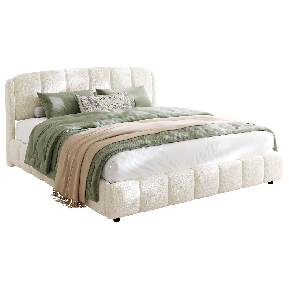 Queen/King Size Boucle Upholstered Platform Bed | Curved Rounded Headboard | Solid Plywood & Steel Frame | Plush Looped Yarn Fabric | No Box Spring Needed | 30-Min Easy Assembly | Beige
