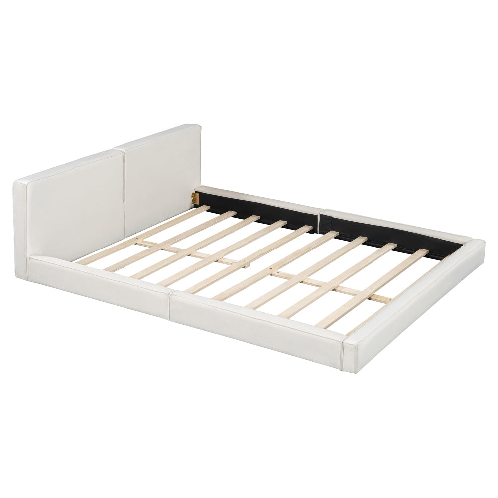 Queen Size Velvet Upholstered Platform Bed | Fully Wrapped Low Profile Frame | Solid MDF & Particle Board | No Box Spring Needed | Easy Assembly | Gray / Beige