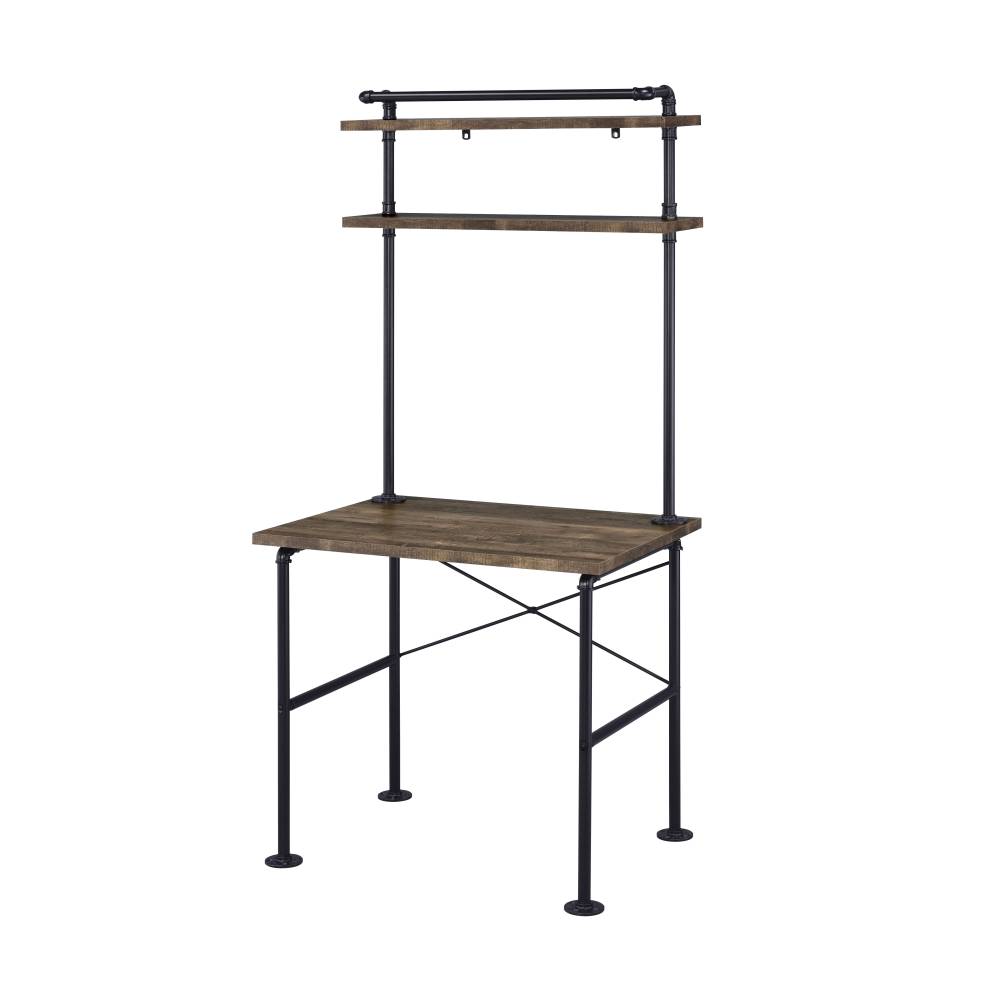 Rustic Oak and Black 2-Shelf Writing Desk — 32" W x 22" D x 70" H | Industrial Pipe-Style Frame | Space-Saving Desk with Storage Shelves | Wood & Metal | Rectangular Office Desk | Bedroom, Home Office & Living Room | Oak