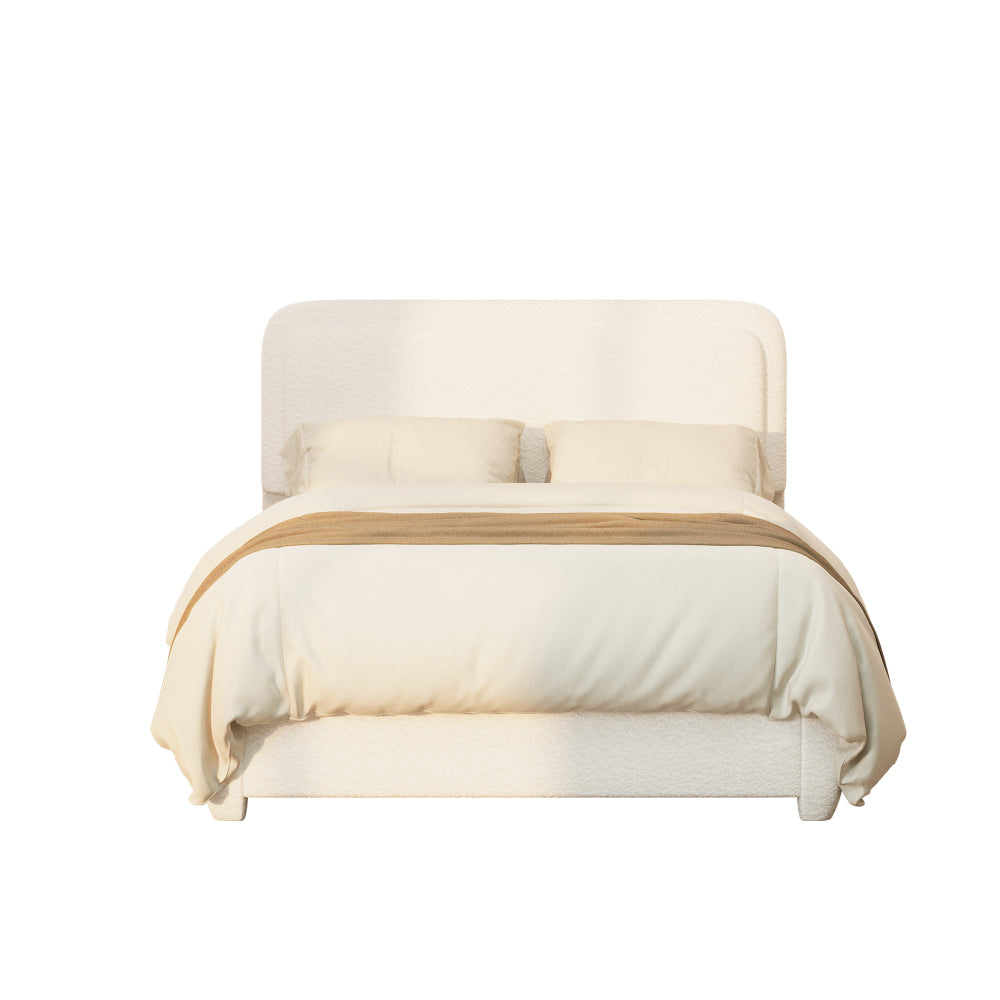 Full/Queen Size Boucle Platform Bed | Adjustable Curved Cloud Headboard 41"-43" | Foam Filled | Rounded Corner Protection | Low Profile | No Box Spring Needed | White