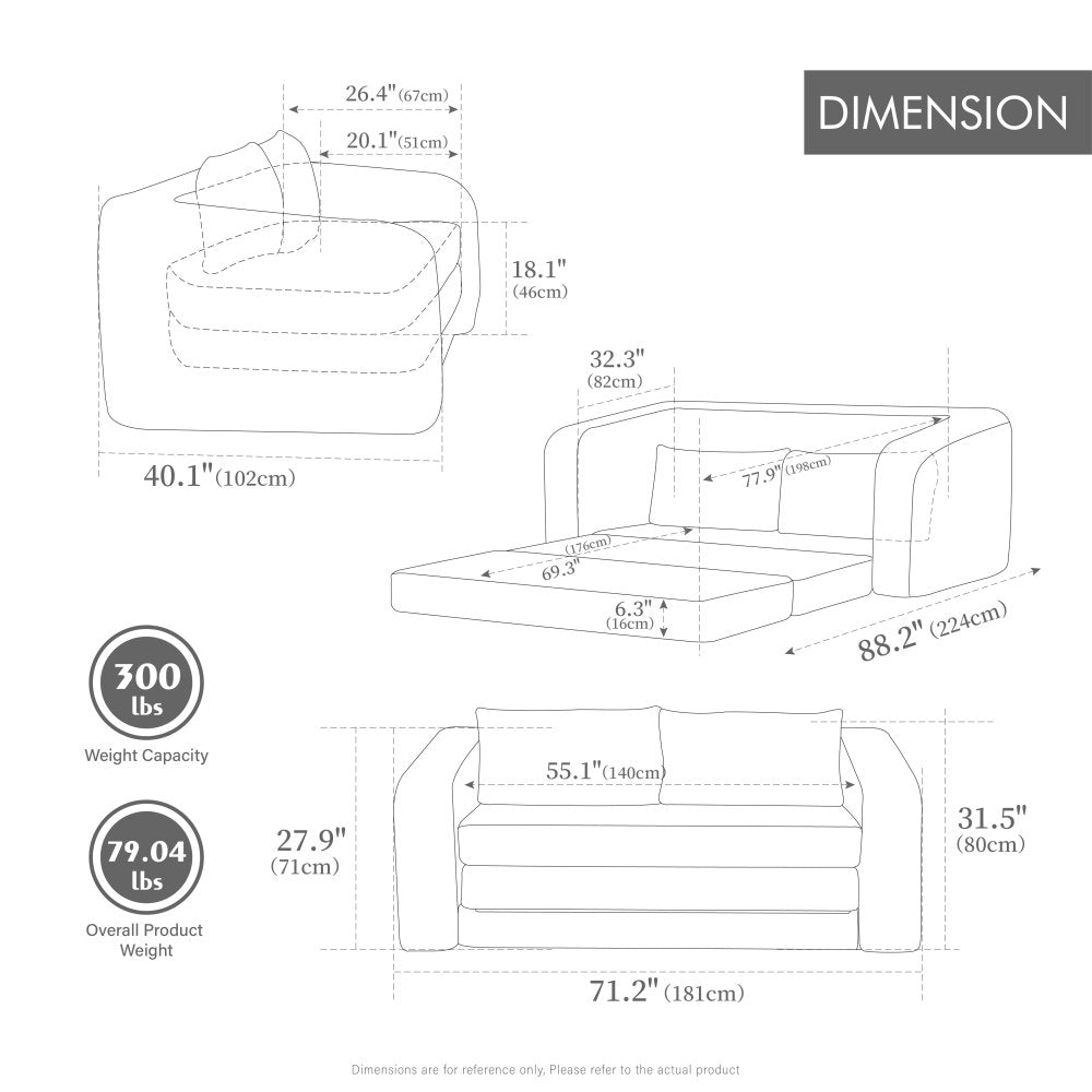 71" 2-in-1 Pull Out Foldable Loveseat Sofa Bed | Chenille Boneless Cloud Floor Mattress | Round-Edge Armrests + 2 Matching Pillows | High-Density Foam | Waterproof Anti-Slip Base | No Assembly Required | Living Room, Bedroom, Dorm | Ivory/Gray/Orange