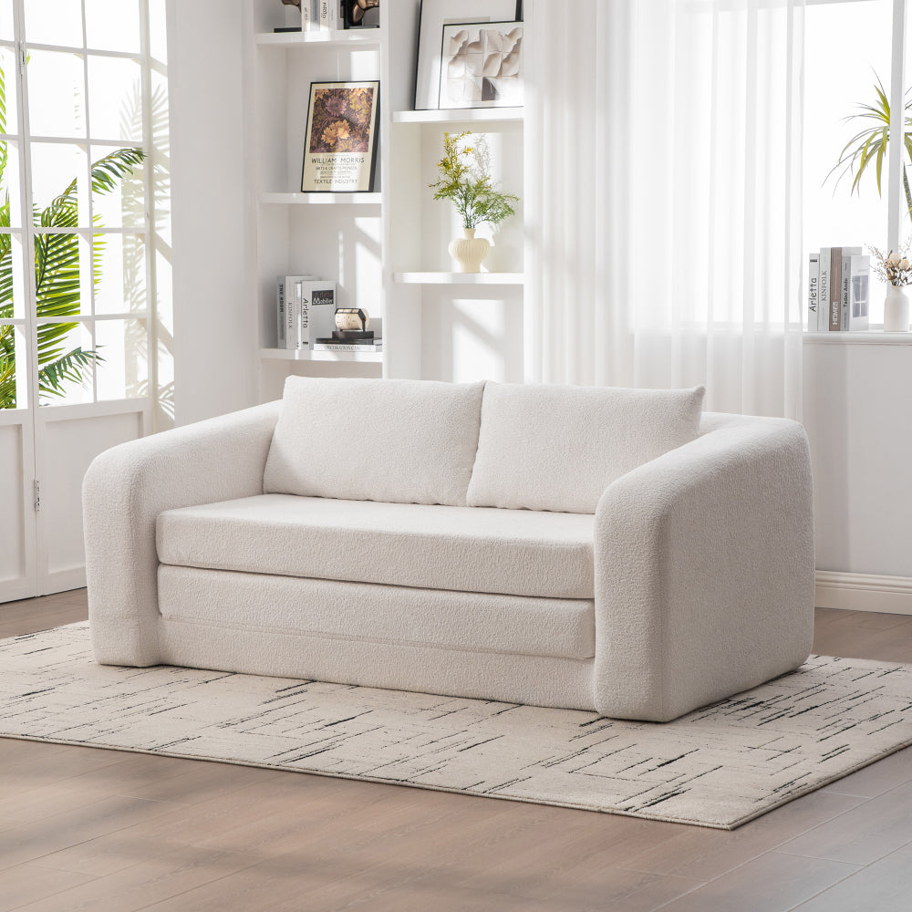 71" 2-in-1 Pull Out Foldable Loveseat Sofa Bed | Chenille Boneless Cloud Floor Mattress | Round-Edge Armrests + 2 Matching Pillows | High-Density Foam | Waterproof Anti-Slip Base | No Assembly Required | Living Room, Bedroom, Dorm | Ivory/Gray/Orange