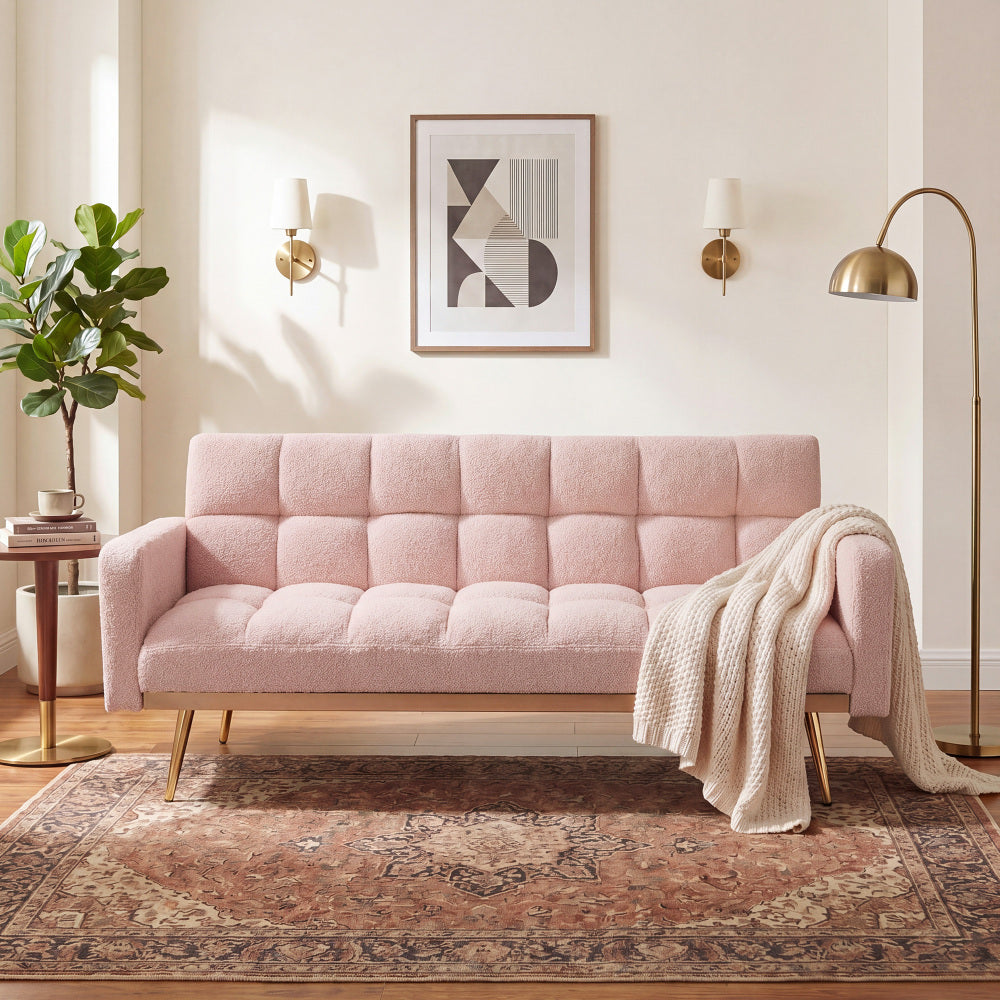 69" Soft Teddy Fleece Convertible Sofa Bed | 3-Speed Adjustable Backrest | Wide Detachable Armrests | Solid Wood + Metal Frame | Multifunctional Couch for Living Room, Bedroom, Small Space | Pink/Beige/Gray/Green
