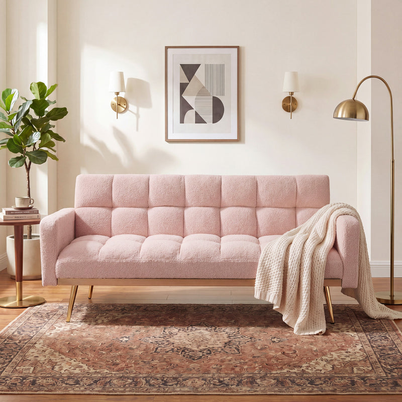 69" Soft Teddy Fleece Convertible Sofa Bed | 3-Speed Adjustable Backrest | Wide Detachable Armrests | Solid Wood + Metal Frame | Multifunctional Couch for Living Room, Bedroom, Small Space | Pink/Beige/Gray/Green