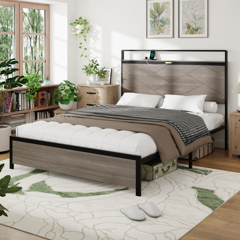 Full Size Wood & Metal Platform Bed | Storage Headboard with LED Touch Light & USB + Type-C Charging | Large Under-Bed Storage | Rust-Proof Steel | No Box Spring Needed | Antique Gray