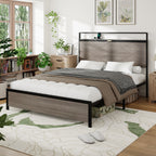 Full Size Wood & Metal Platform Bed | Storage Headboard with LED Touch Light & USB + Type-C Charging | Large Under-Bed Storage | Rust-Proof Steel | No Box Spring Needed | Antique Gray