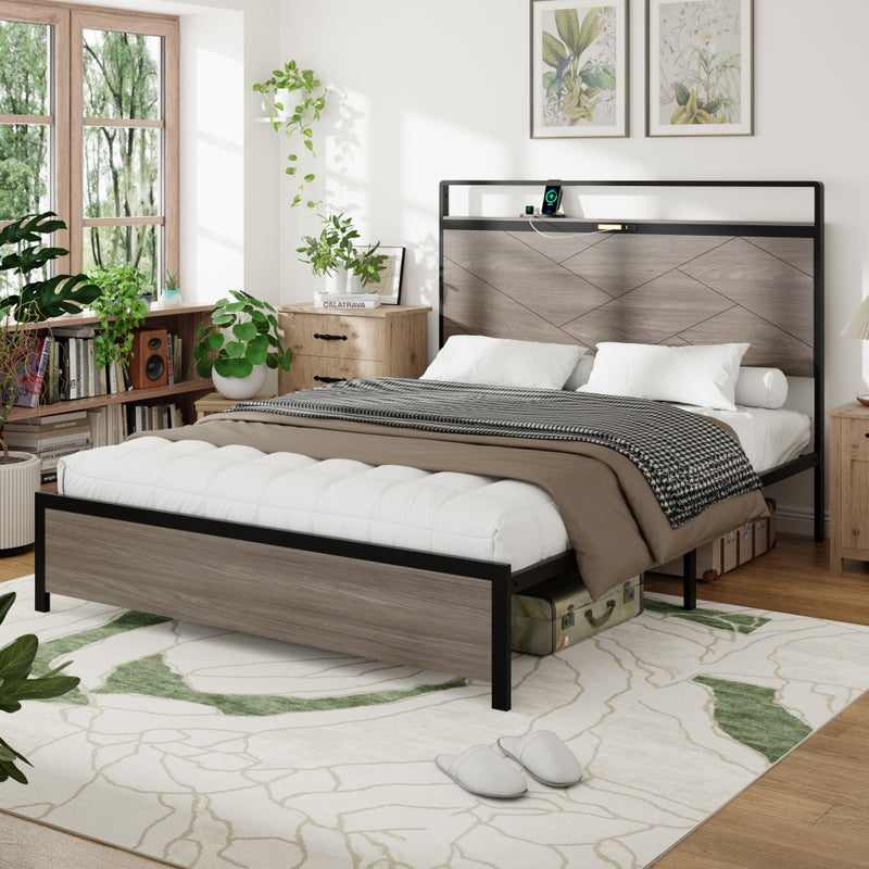 Full Size Wood & Metal Platform Bed | Storage Headboard with LED Touch Light & USB + Type-C Charging | Large Under-Bed Storage | Rust-Proof Steel | No Box Spring Needed | Antique Gray