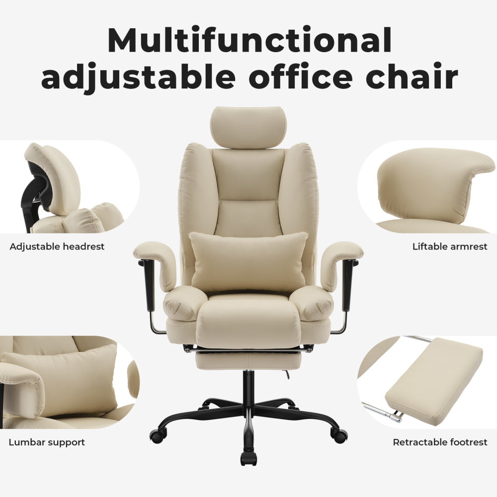 Ergonomic High-Back PU Leather Office Chair | 440 lbs Capacity | Liftable Headrest + Retractable Footrest | Double-Layer Spring Sponge + Memory Foam | Height-Adjustable Armrests | Lumbar Support | Computer, Executive Chair | Beige/Black