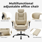 Ergonomic High-Back PU Leather Office Chair | 440 lbs Capacity | Liftable Headrest + Retractable Footrest | Double-Layer Spring Sponge + Memory Foam | Height-Adjustable Armrests | Lumbar Support | Computer, Executive Chair | Beige/Black