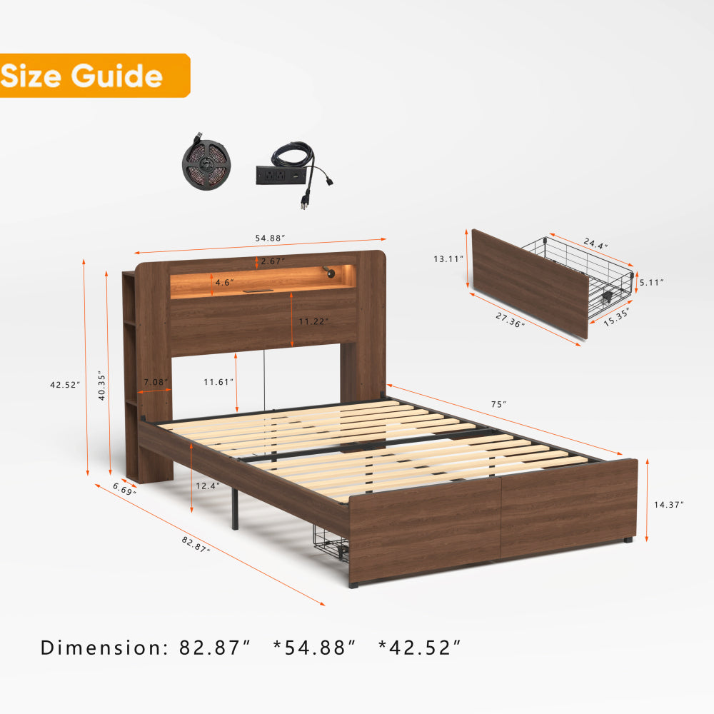 Full/Queen Size Wood Platform Bed with Bookshelf Storage Headboard | 2 Drawers | 2 AC Outlets 1 USB 1 Type-C Charging Station | 60,001 Color LED Lights APP Control | No Box Spring | Brown/Black/Walnut