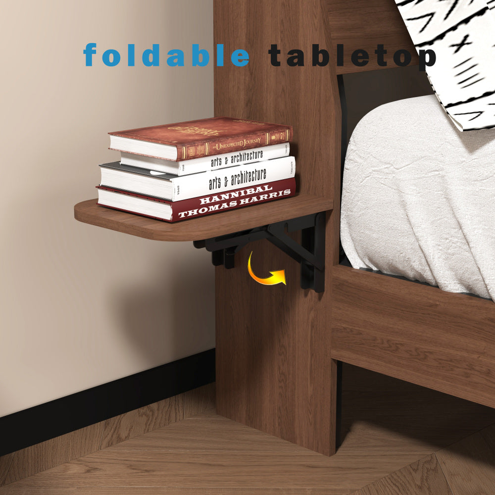 Full/Queen Size Wood Platform Bed with Bookshelf Storage Headboard | 2 Drawers | 2 AC Outlets 1 USB 1 Type-C Charging Station | 60,001 Color LED Lights APP Control | No Box Spring | Brown/Black/Walnut