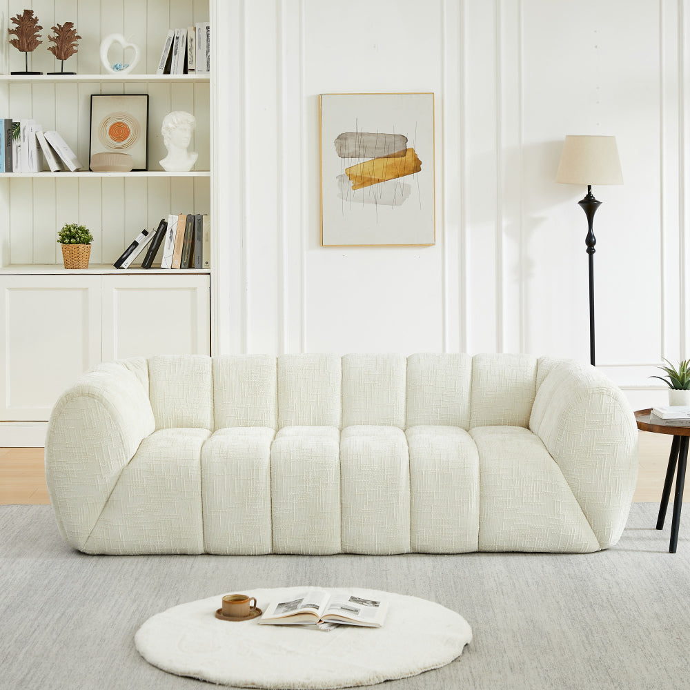 Modern Quilted Cloud Sofa | 3-Seat Chenille Pure Foam Couch | Piano-Key Backrest Design | Rounded Armrests | Deep-Seat Cushions | Living Room, Bedroom, Apartment | Beige/Black
