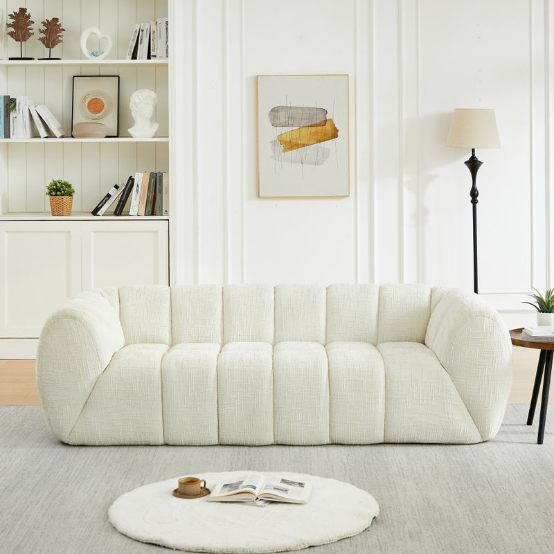 Modern Quilted Cloud Sofa | 3-Seat Chenille Pure Foam Couch | Piano-Key Backrest Design | Rounded Armrests | Deep-Seat Cushions | Living Room, Bedroom, Apartment | Beige/Black